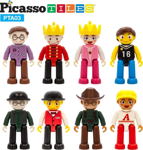 Miniatura 4 de PicassoTiles Figuras magnéticas + 100 azulejos magnéticos + 2 camiones de automóvil, juego de expansión de imán de acción de personajes de 8 piezas
