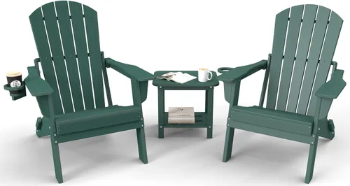 Miniatura 13 de Juego de sillas plegables Adirondack de 3 piezas, respaldo extra alto de 38 pulgadas y grano de madera en relieve, muebles de patio de polietileno