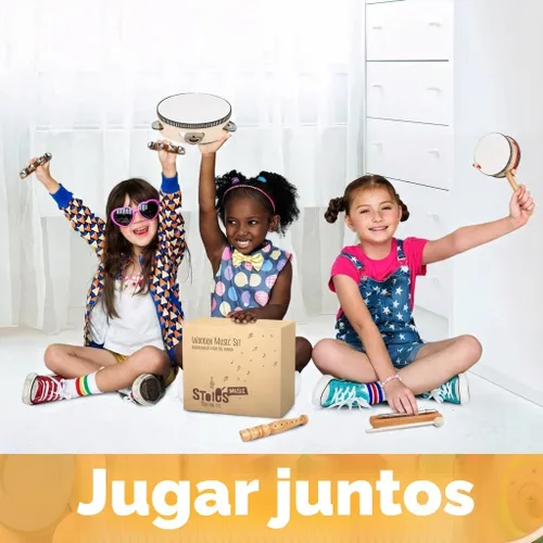 Miniatura 5 de Stoie's Instrumentos musicales de madera para niños pequeños con tambor, campanas de mano, flauta, maracas, castañuelas, panderetas, para bebés