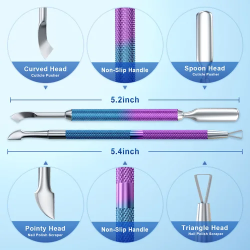 Miniatura 2 de 2 piezas de empujador y raspador de cutículas de metal (sirena azul y púrpura), cortador de uñas, herramienta raspadora de gel de acero inoxidable