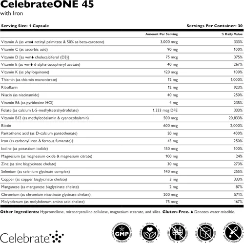 Miniatura 3 de Celebrate Vitamins CelebrateONE 45, 45 mg de hierro, multivitamínico bariátrico una vez al día, vitaminas y minerales esenciales, bypass gástrico