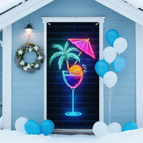IVN Cubierta para puerta de cóctel de neón, póster de luz LED, diseño de palmera y paraguas con rodaja naranja, vibrante brillo de neón de 12 x 18