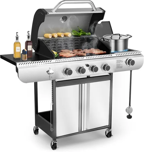 Miniatura 9 de Barbacoa de 3 quemadores de gas propano con quemador lateral, parrilla de barbacoa de acero inoxidable con rejillas de hierro fundido esmaltadas