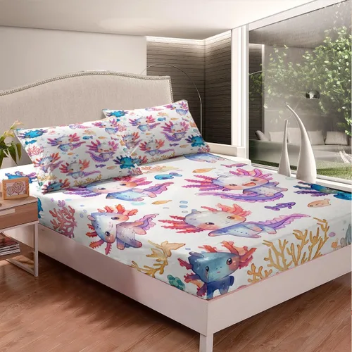 Miniatura 2 de Manfei Sábana bajera ajustable de ajolote de acuarela, tamaño individual, juego de ropa de cama de hojas de algas subacuáticas, 2 piezas