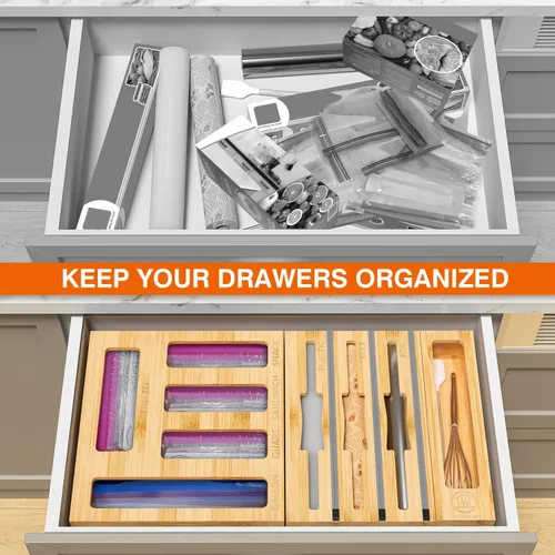 Miniatura 2 de DALSHABET Organizador de cajones con bolsa de almacenamiento de bambú 9 en 1 con cortador, dispensador de papel de aluminio y envoltura de plástico