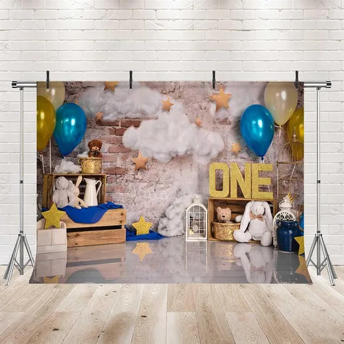 Miniatura 2 de MEHOFOTO - Telón de fondo para estudio fotográfico de un cumpleaños, globos y estrellas de nube, decoración retro para fiesta de primer cumpleaños