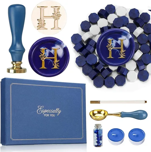 SWANGSA Kit de Sello de Cera con Inicial del Alfabeto H, Sello de Sellado de Letras con Hojas Botánicas Elegantes Vintage con Perlas de Cera de