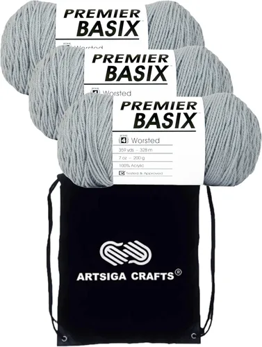 Miniatura 4 de Premier Yarns Basix White 1115-01 (3 madejas, el mismo lote de tinte) hilo acrílico mediano #4 para ganchillo y tejer con bolsa de proyectos