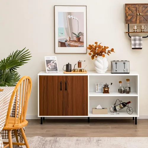 Miniatura 2 de Giantex Aparador de buffet, armario de almacenamiento moderno con 2 puertas y estantes abiertos, armario de cocina de 58 pulgadas con patas