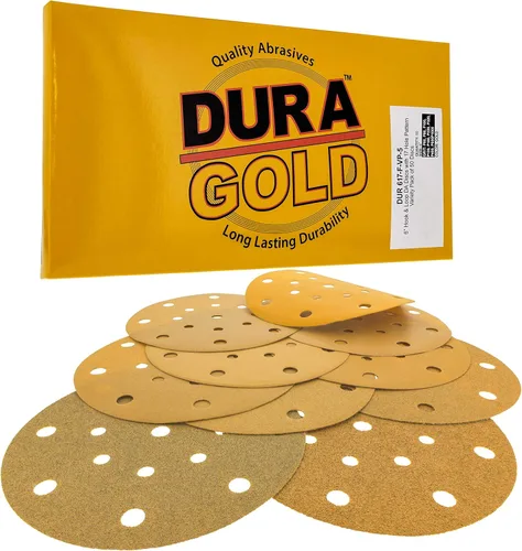 Dura-Gold Premium 60, 80, 100, 120, 180, 220, 320, 400, 600, 1000 discos de papel de lija dorados de 6 pulgadas, patrón de 17 agujeros, sin polvo, 5