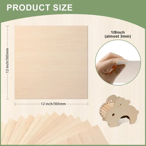 Miniatura 2 de Paquete de 48 hojas de tilo de 1/8 x 12 x 12 pulgadas, madera sin terminar para manualidades, tilo de 0.118 pulgadas para corte y grabado láser