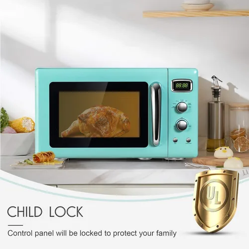 Miniatura 4 de GOFLAME Horno microondas grande de 0.9 pies cúbicos, microondas retro de 900 vatios con bloqueo de seguridad para niños, función de descongelación