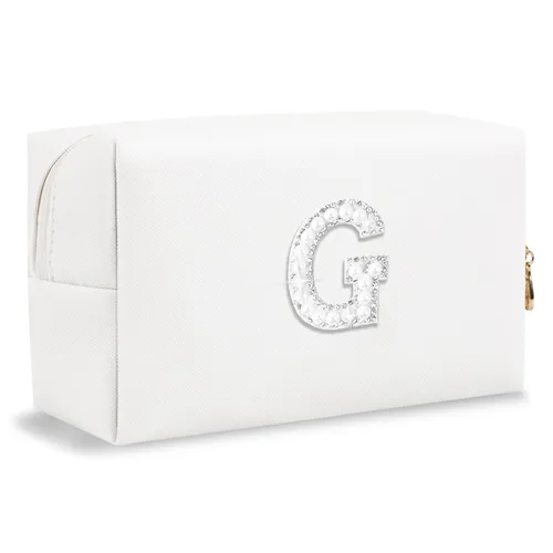 Miniatura 25 de Pequeña bolsa de maquillaje personalizada con inicial A-Z Preppy Patch, bolsa de cosméticos de viaje de felpilla blanca con cremallera, bonita bolsa