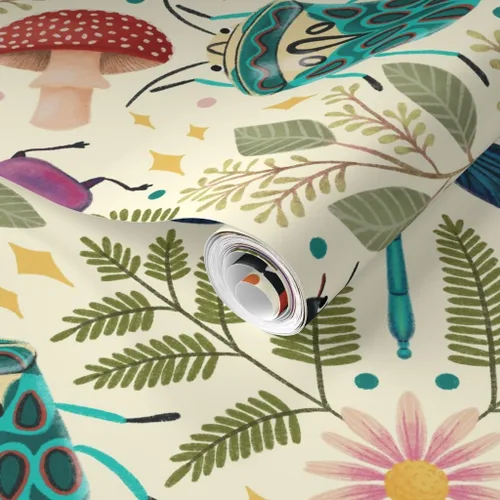 Miniatura 2 de Muestra de papel tapiz extraíble – insecto damasco insecto botánico grande Jumbo polilla mariposa bosque hongo beige verde azul papel pintado