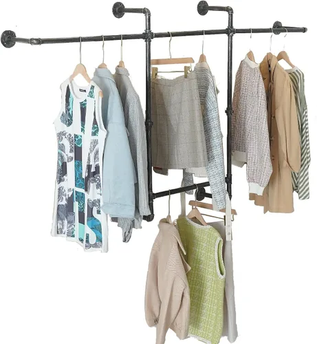 Miniatura 4 de Perchero industrial de pared, barras de tubería de ropa resistente, perchero estilo tubería con cuatro varillas para colgar para el hogar