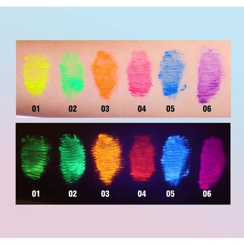 Miniatura 4 de Máscara de pestañas neón de 6 colores, luz negra, impermeable, resistente a las manchas, para uso diario y Halloween, Navidad (juego 01)
