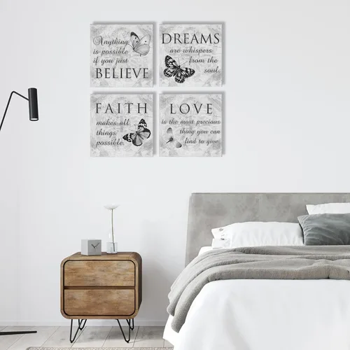 Miniatura 4 de Arte de pared inspirador de mariposas, 4 paneles de impresión en lienzo gris, decoración de pared en lienzo con texto en inglés «Faith Love Dreams