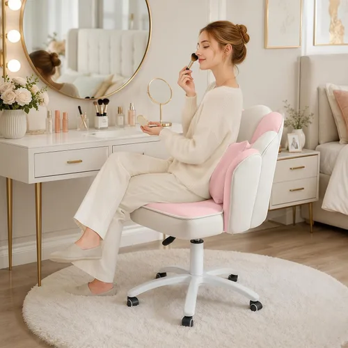 Miniatura 3 de Silla de tocador con ruedas Silla de escritorio de terciopelo con pétalos Silla de oficina en casa tapizada y copetada para mujeres y niñas, silla