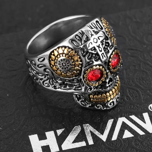 Miniatura 2 de HZMAN Anillos de calavera de azúcar geniales para hombres y mujeres, con ojos de circonia cúbica, acero inoxidable, Día de los Muertos, joyería