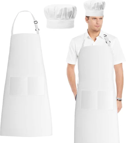 Miniatura 8 de Juego de delantal y sombrero de chef, sombrero de chef y delantal de cocina con bolsillos delanteros para adultos