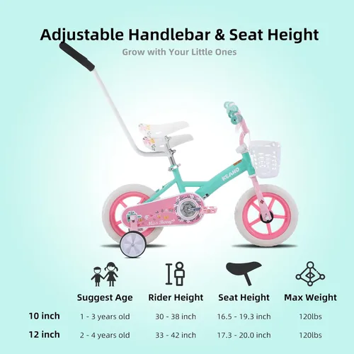 Miniatura 5 de KEANO Voyager 10 12 Inch Kids Bike for Boys and Girls Ages 1-4 Years, Toddler Bike with Training Wheels & Basket, Detachable Parent Push Handle