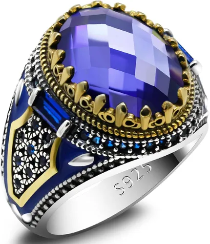 Anillo de plata de ley 925 con piedra de cristal azul para hombre con corona de rey vintage con circonita cúbica, regalo para mujeres y hombres