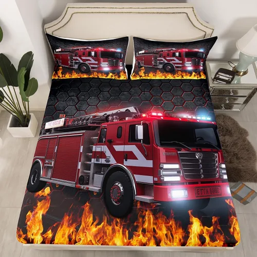 Miniatura 26 de Erosebridal Sábanas bajeras de camión de bomberos para niños, sábana bajera de panal de abejas de color rojo, tamaño individual, sábanas