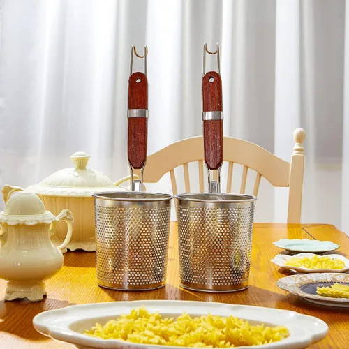 Miniatura 7 de Tessco - 4 coladores de pasta, 4.7 x 5.2 pulgadas, cesta de pasta de acero inoxidable con mango de madera, colador de araña, desnatador de cocina