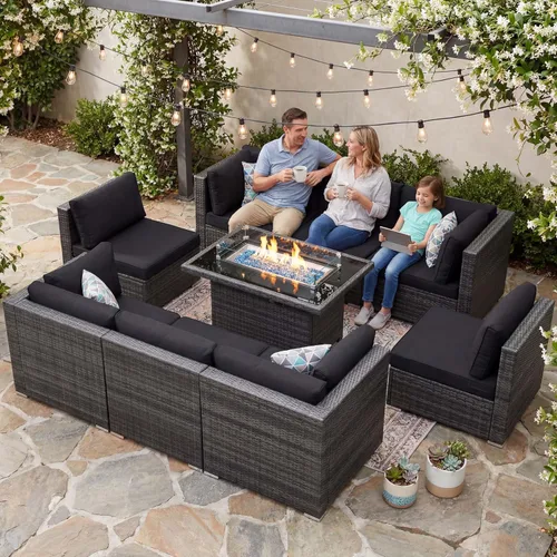 Miniatura 28 de NICESOUL Juego de muebles de patio para exteriores de 7 piezas con mesa para hoguera, gas natural y propano convertible, respaldo alto de 29.3