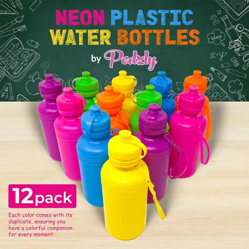 Miniatura 7 de Podzly Botellas de agua a granel para niños, paquete de 12 – Botellas de agua de plástico neón de 18 onzas a granel – Botellas deportivas