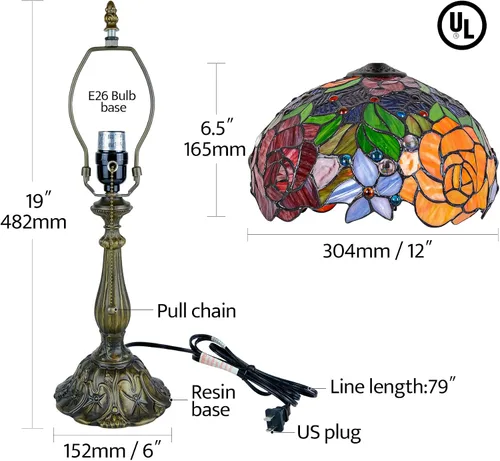 Miniatura 9 de Tiffany Style Stained Glass Table Lamp, Floral Pattern Desk Light with Antique Bronze Resin Base, Red Roses Decorative Lighting for Bedroom, Living