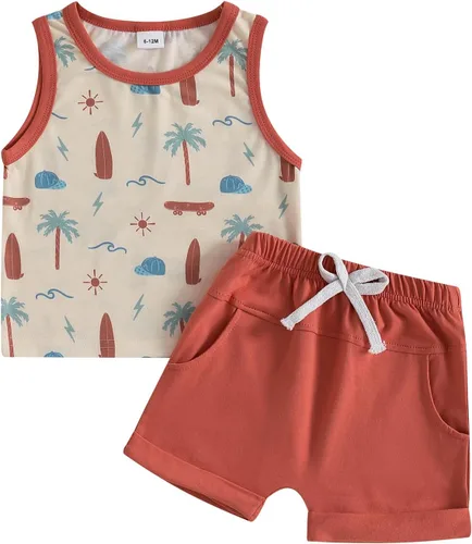 Miniatura 64 de Ropa de bebé niño sin mangas + pantalones cortos con estampado a rayas con bolsillos, 2 piezas de trajes de verano