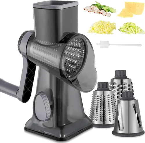 Rallador de Queso con Manivela Manual Rotativa Triturador de Verduras con Mango, Ralladores 3 en 1 con Cuchillas Intercambiables y Base de Succión