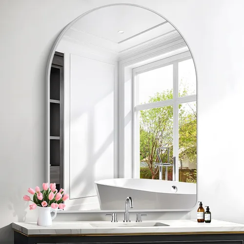 Miniatura 34 de FORBATH Espejo de baño arqueado de 16 x 24 pulgadas, espejo de baño negro montado en la pared, moderno marco de aleación de aluminio, espejo de arco