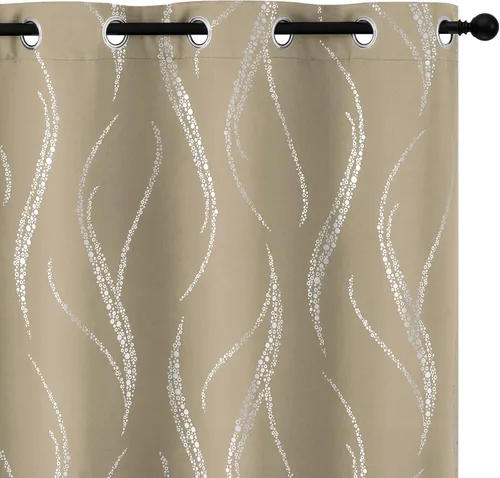 Miniatura 9 de Yakamok Cortinas opacas de 84 pulgadas de largo para sala de estar, con aislamiento térmico, patrón de líneas onduladas doradas, patrón de puntos