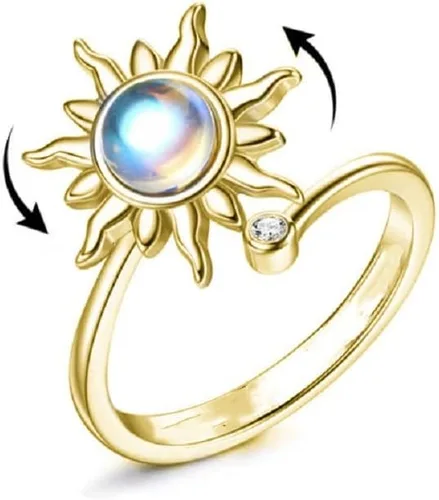 COLORFUL BLING Anillo giratorio ajustable para aliviar el estrés, diseño de flor y luna y estrella para aliviar el estrés, joyería apilable para