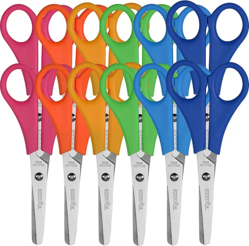 EZZGOL - Tijeras a granel para niños, paquete de 12 tijeras de seguridad para estudiantes de punta roma de 5 pulgadas, 6 colores surtidos para