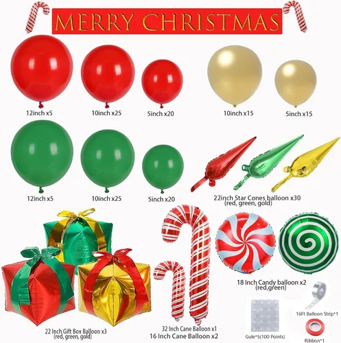 Miniatura 6 de Kit de arco de globos de Navidad de 171 piezas, globos rojos, verdes y dorados, globos de caja de regalo de caramelos, globos de papel de aluminio