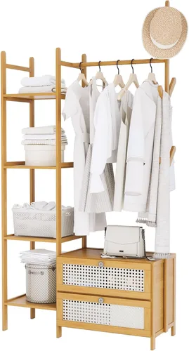 Miniatura 9 de Perchero de Ropa de Bambú, Perchero con Cajones y Estantes, Estantes de Almacenamiento de 5 Niveles con 6 Ganchos para Colgar, Armario Closet