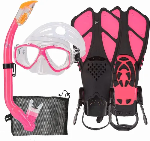 Miniatura 12 de Juego de esnórquel para niños con máscara, aletas, paquetes de esnórquel, con máscara de buceo, esnórquel, aletas ajustables para nadar, bolsa