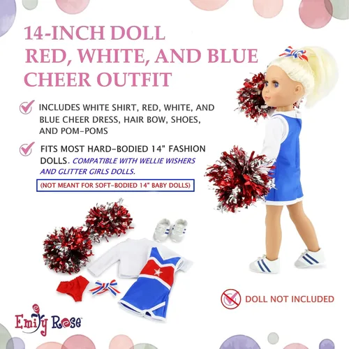 Miniatura 3 de Emily Rose Conjunto completo de 6 piezas de animadora de 14 pulgadas con pompones y zapatos de gimnasio lazo para el pelo y camiseta a juego Se