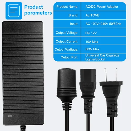 Miniatura 2 de Herfair Convertidor de CA a CC 2A 24W Adaptador de enchufe para encendedor de cigarrillos de automóvil, cable de alimentación de 110-240V a 12V