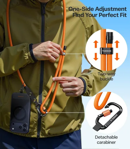 Miniatura 6 de TORRAS Cordón para teléfono con bucles colgantes, correa antirrobo ajustable para el cuello para iPhone 17 Pro, amigable con la piel, 2 lengüetas