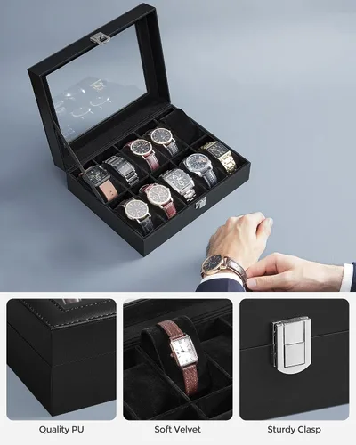 Miniatura 5 de SONGMICS Caja de reloj, caja de reloj de 10 ranuras con tapa de vidrio grande, almohadas extraíbles para reloj, organizador de caja de reloj, regalo