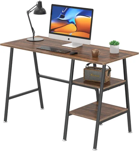 Miniatura 11 de VECELO Escritorio de computadora de 43.1 pulgadas, escritorio de estudio de nogal para oficina en casa, mesa de trabajo con estantes, escritorio