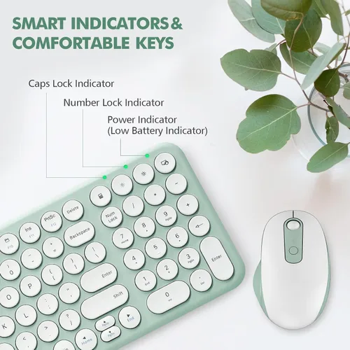 Miniatura 9 de Combo de teclado y mouse inalámbricos, 2.4 GHz, silencioso, delgado, lindo, redondo, tamaño compacto, color verde, Kawaii, juego de teclado y mouse