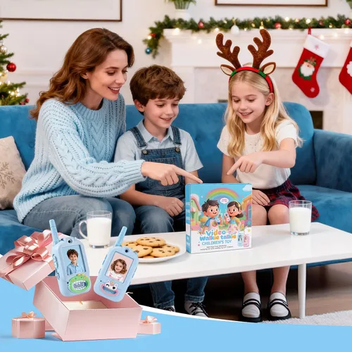 Miniatura 7 de Walkie Talkies de video para niños, paquete de 2 cajas de regalo recargables para niños con estuche de silicona, walkie talkies para jugar