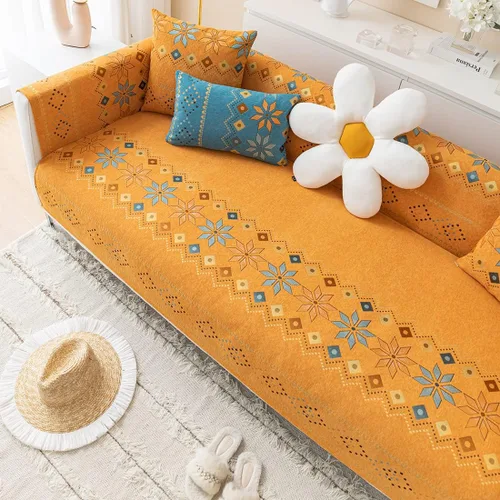 Miniatura 4 de Funda de sofá de chenilla para sofá modular, diseño geométrico bohemio y jacquard antideslizante, protector de muebles para niños, perros y Naranja