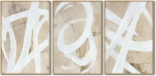 Miniatura 8 de Pintura de Arte de Pared Abstracta Neutra Enmarcada - Decoración de Pared de Lienzo Abstracto Grande con Ilustraciones de Curvas 3D Pintado a Mano