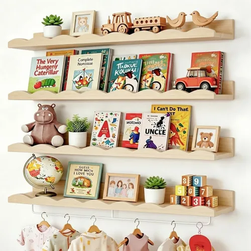 Miniatura 9 de Fixwal Estantes flotantes de 16.5 pulgadas para libros de guardería, juego de 4 estantes de pared festoneados con toallero para niños, habitación